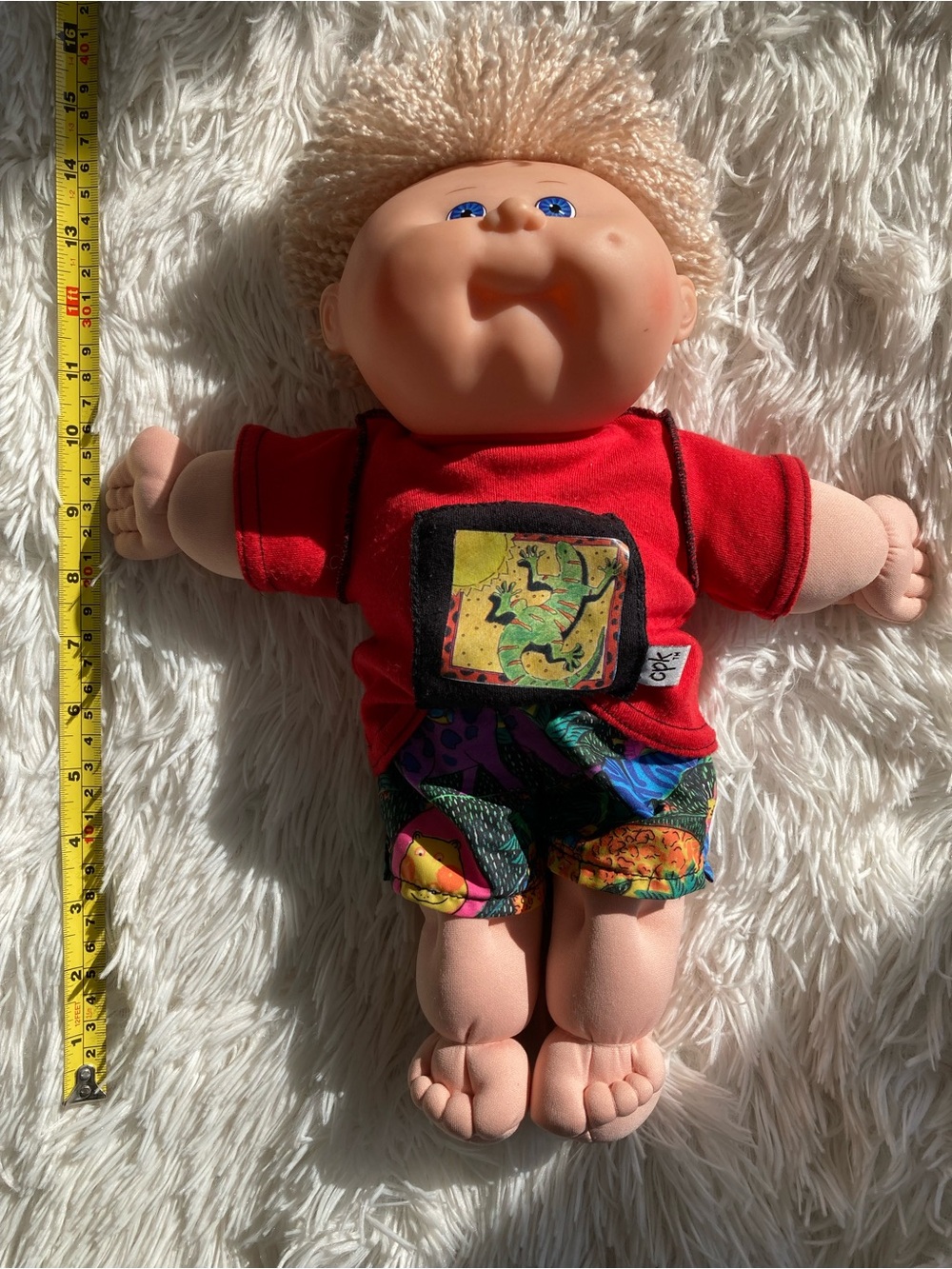 1995 Plush Kids Doll with Red Shirt and Colorful Shorts